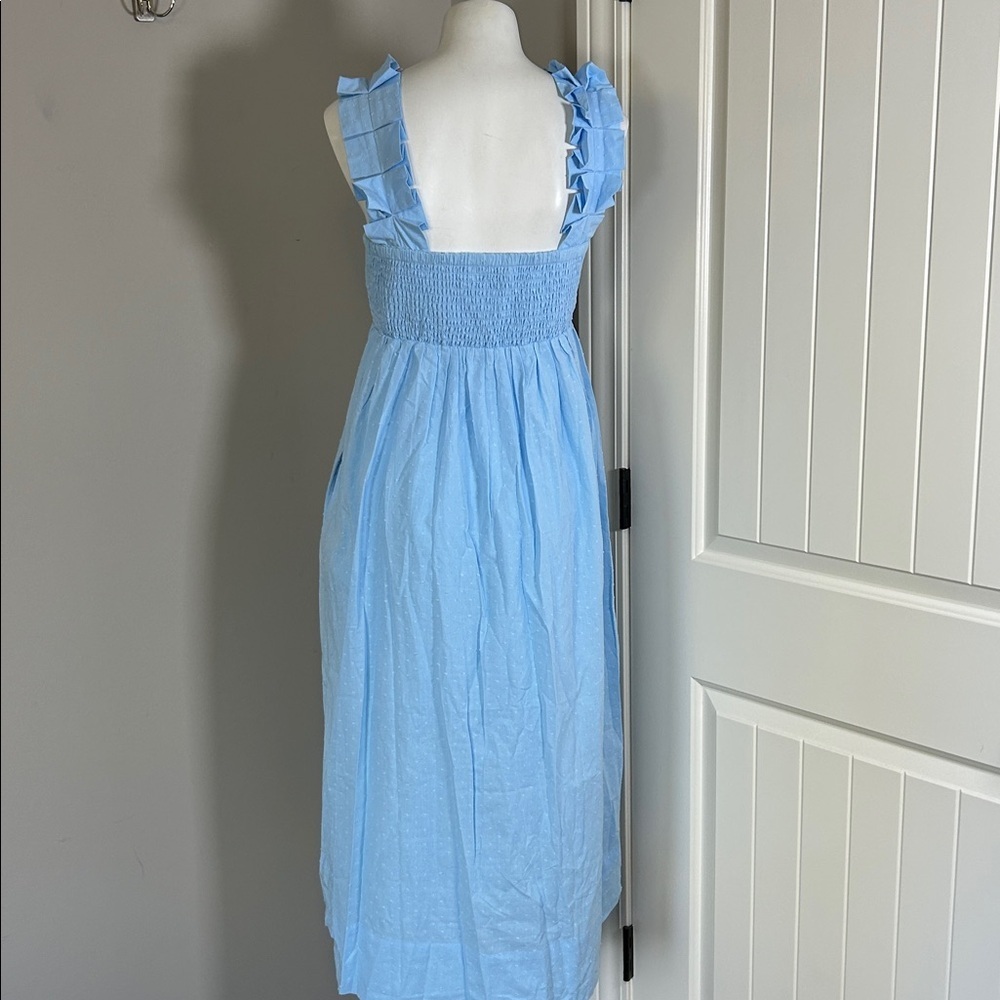 Lake Pajamas Lolly Dress in Morning Blue Swiss Dot Midi Pockets Sz S NEW - Picture 9 of 15